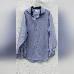 Lorenzo Uomo Men's The Perfect White Shirt Blue Geo Print Trim-Fit Size 17 ( LG)